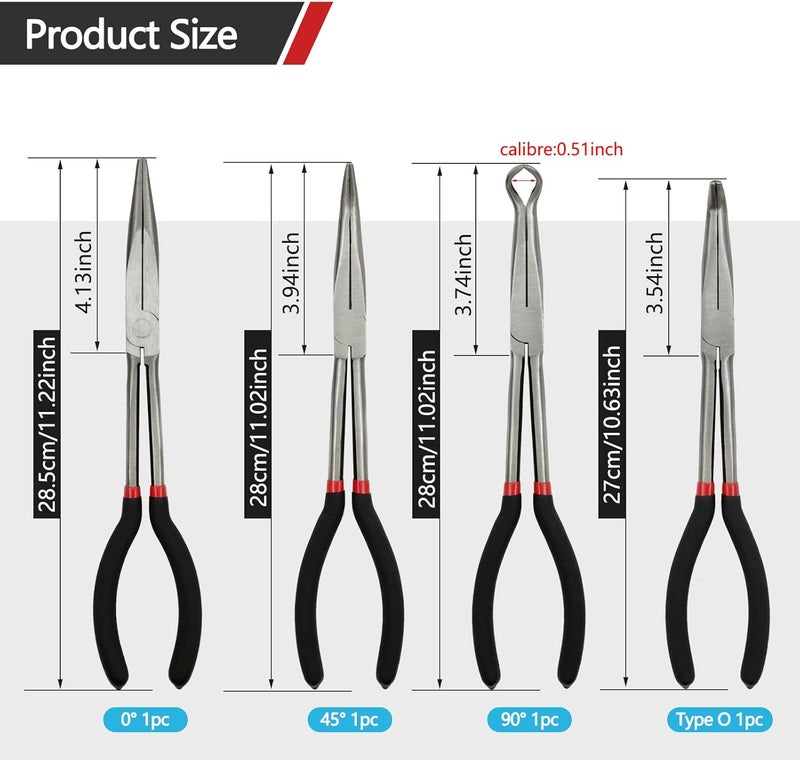 MFBJXC 4 Pack 11" Long Nose Pliers Set with Portable Bag, Insulated Grip - Straight Needle Nose, 45/90 Degree Angle Curved & Circle Tools for Wire Bending, Shaping, Trimming - Image 5